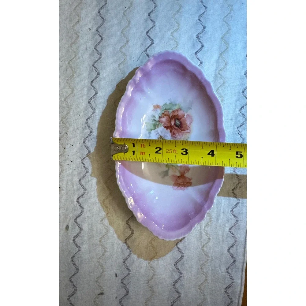 Vintage Pink Scalloped Porcelain Oval Trinket Dish Floral Poppy Design 7 Inch